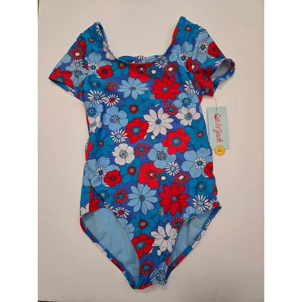 Cat & Jack Girls Blue Red Floral One Piece Swimsuit Short Sleeve Size M 8 NWT